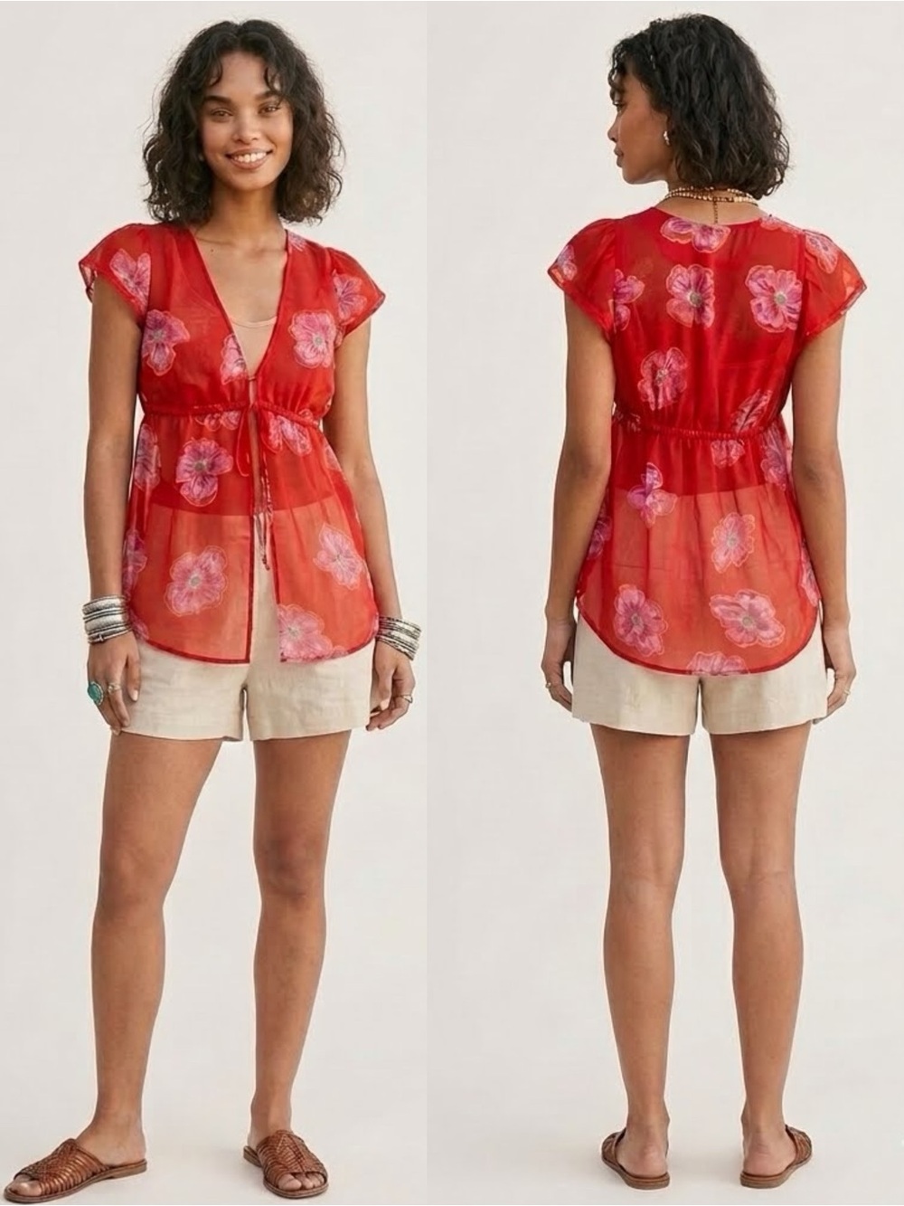 NWOT Free People Cecile Printed Sheer Floral Tie Front Top Red Pink Size Small - Picture 4 of 14
